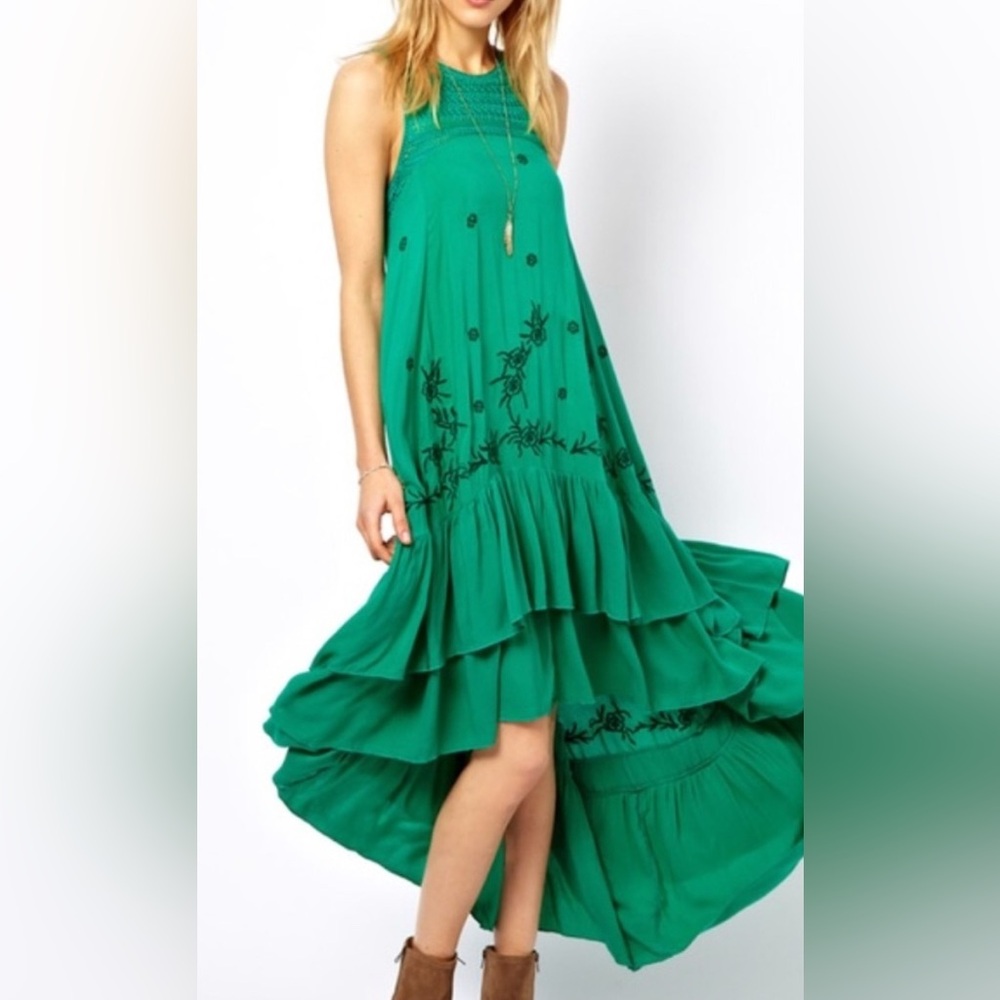 Free People High Low TieredMaxi Dress with Crocheted Bodice/Back EUC